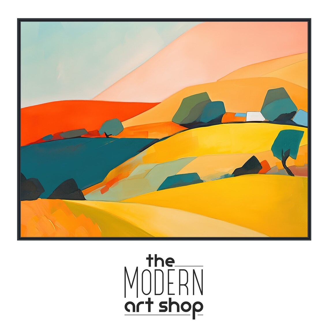 Elegant Teal And Gold Abstract Rolling Hills Under Peach Sky Poster - Image 4