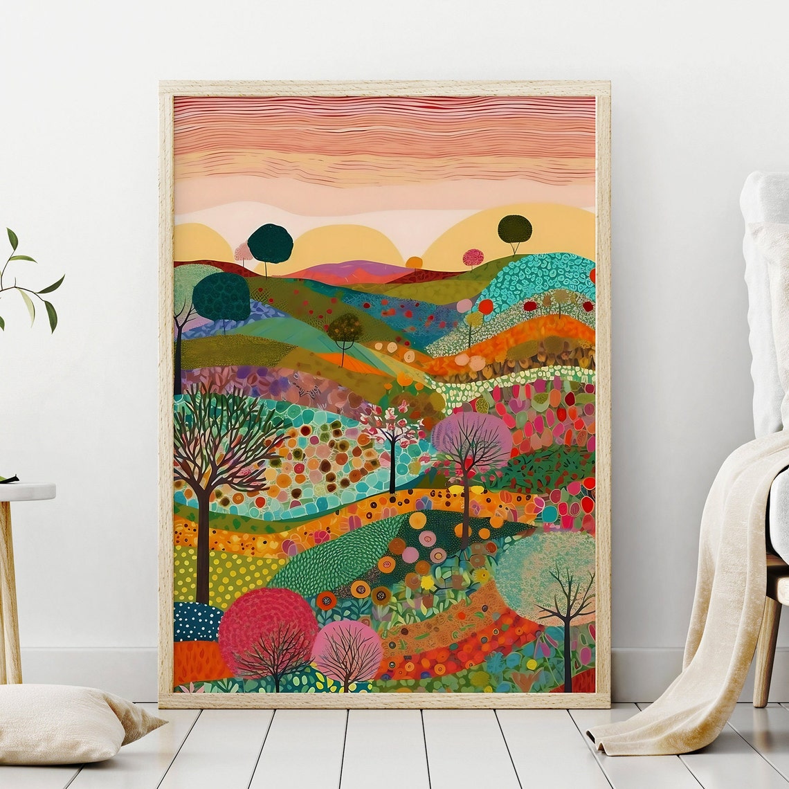 Whimsical Patchwork Rolling Hills Trees Colorful Folk Art Print