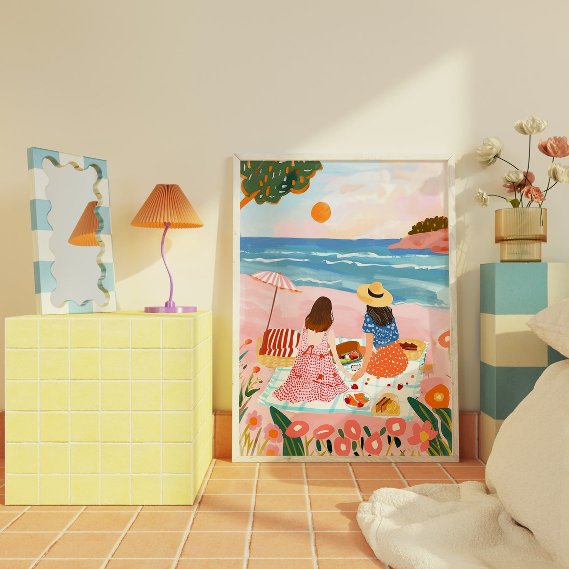 Beach Picnic Friends At Sunset On Pink Sand Beach Decor Art Print - Image 3