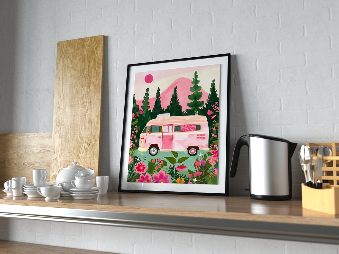 Pink Campervan In A Pine Forest Surrounded By Wildflowers Print - Image 2