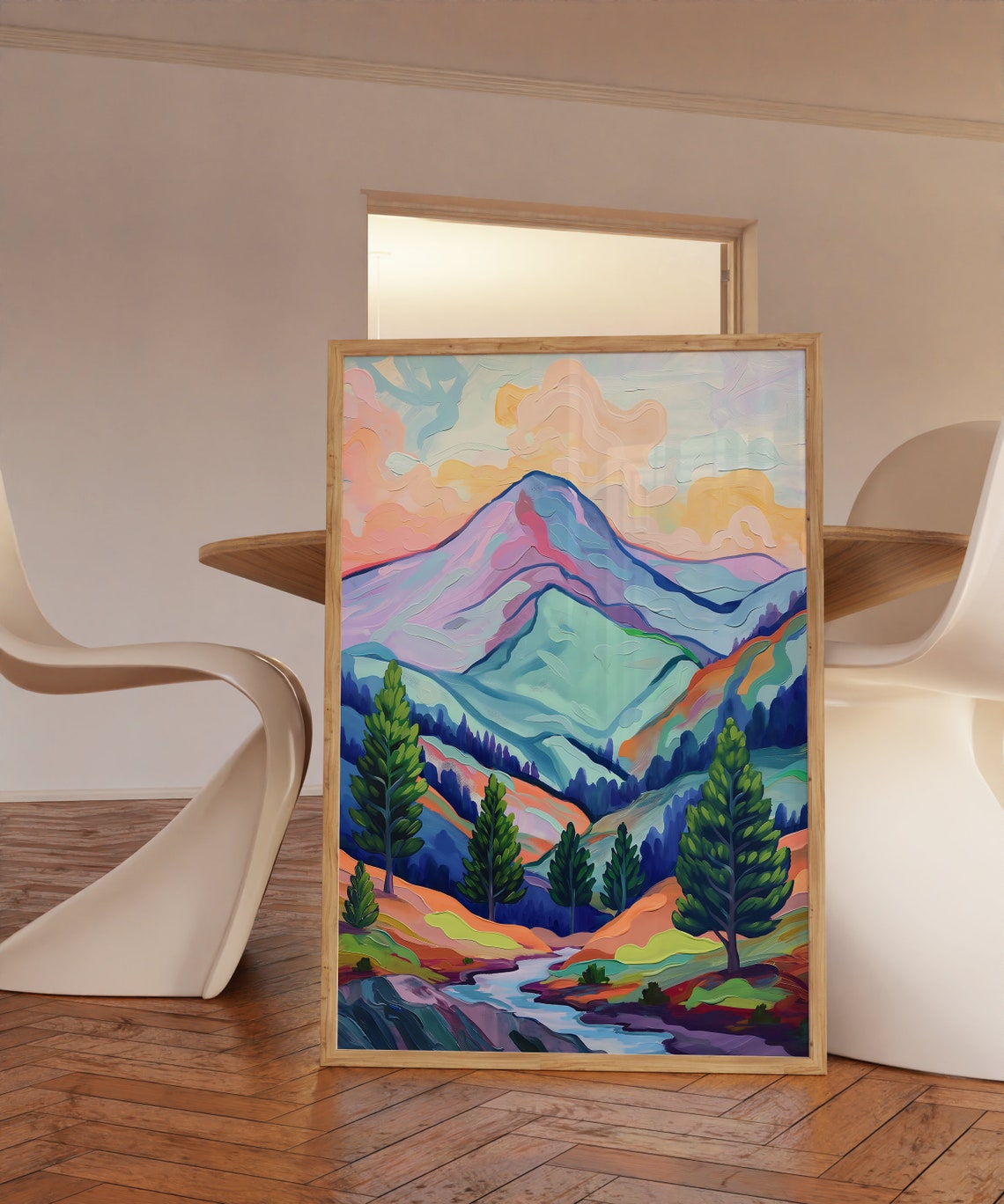 Colorful Mountain Peak Pine Trees Stream Landscape Art Poster - Image 3