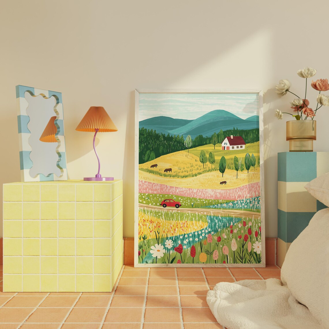 Whimsical Farmhouse Countryside Hills Cows Wildflower Wall Art - Image 2