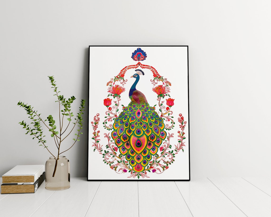 Indian Peacock Folk Art Colorful Feather Mandala Bird Art Poster