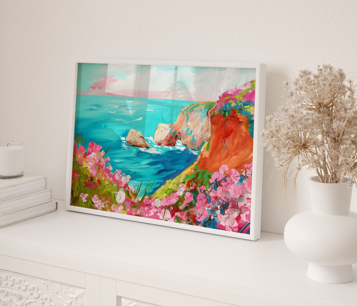 Turquoise Seaside Cliffs Pink Wildflowers Coastal Cove Wall Art - Image 2