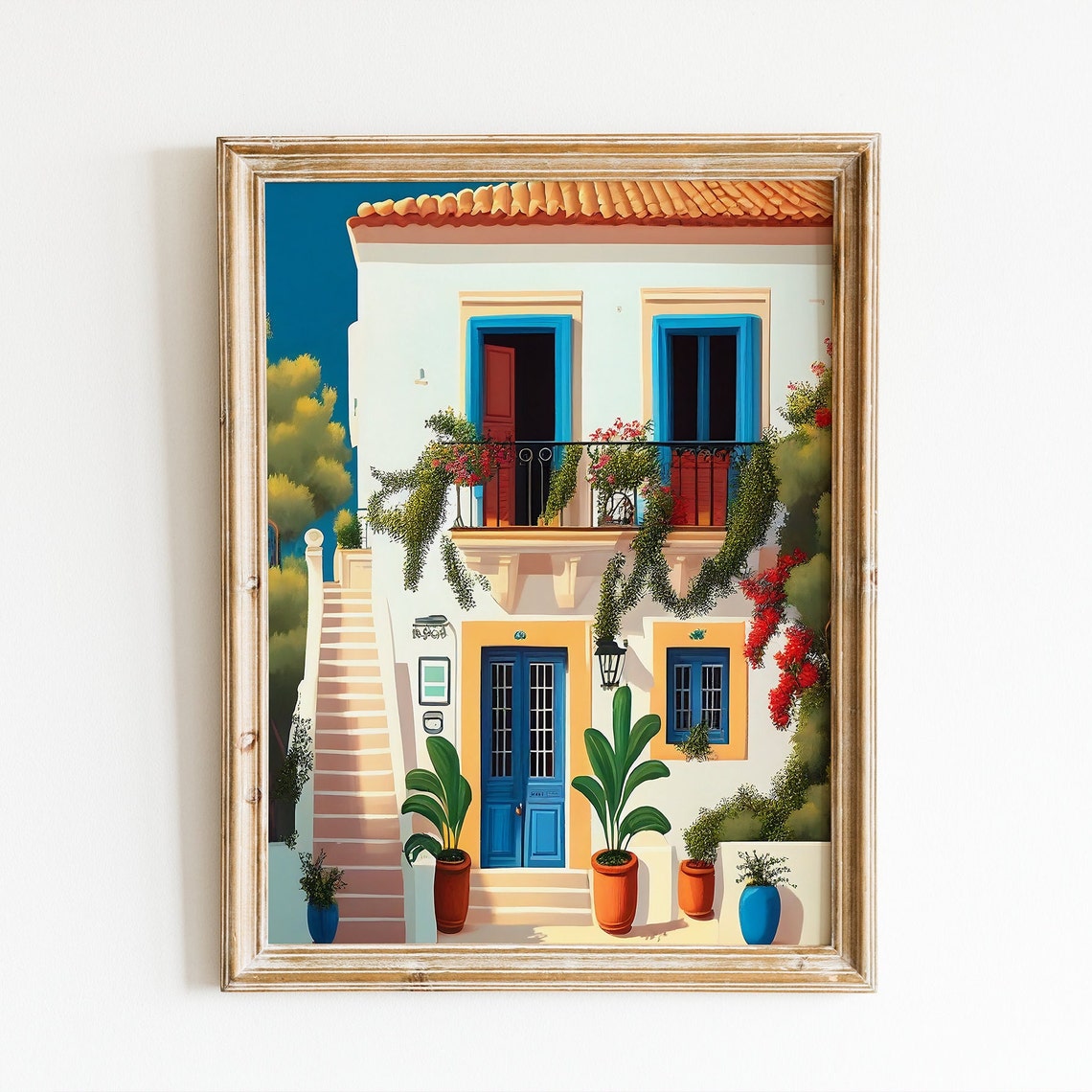 Greek Villa White House Blue Doors Bougainvillea Terrace Print