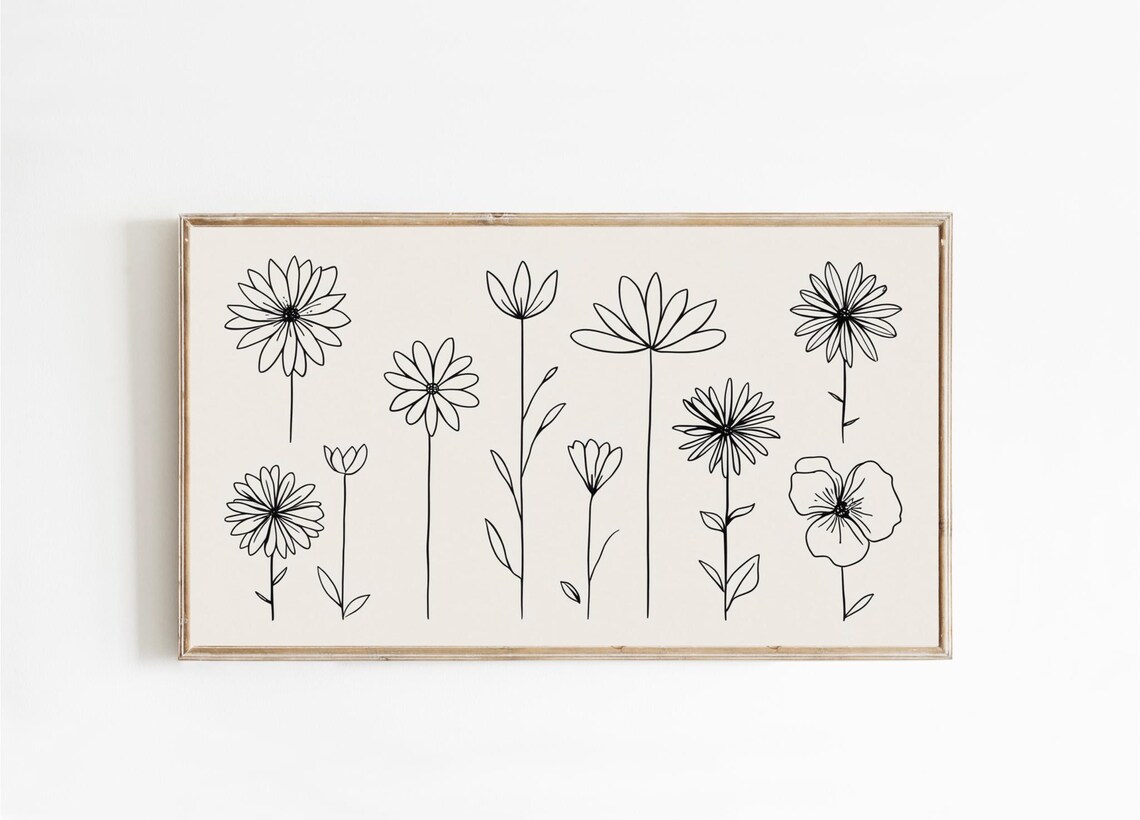 Black Line Drawing Wildflowers Minimalist Botanical Farmhouse Poster