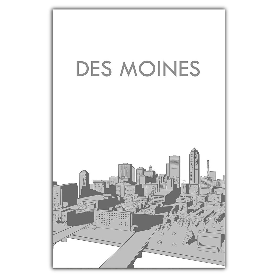 Des Moines Iowa Skyline White Minimalist Modern City Decor Poster