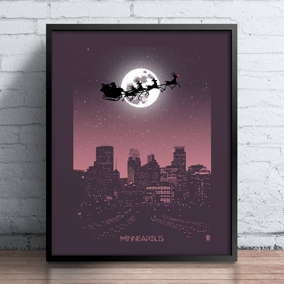 Minneapolis Minnesota Santa Sleigh Full Moon Christmas Poster