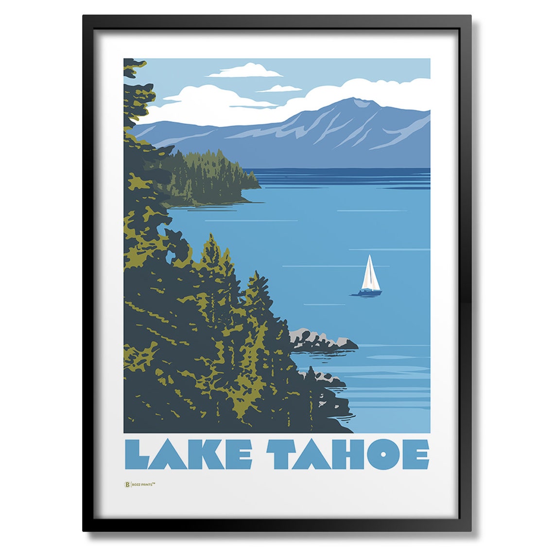 Lake Tahoe Sailboat Mountain Lake Pine Shoreline Vintage Poster