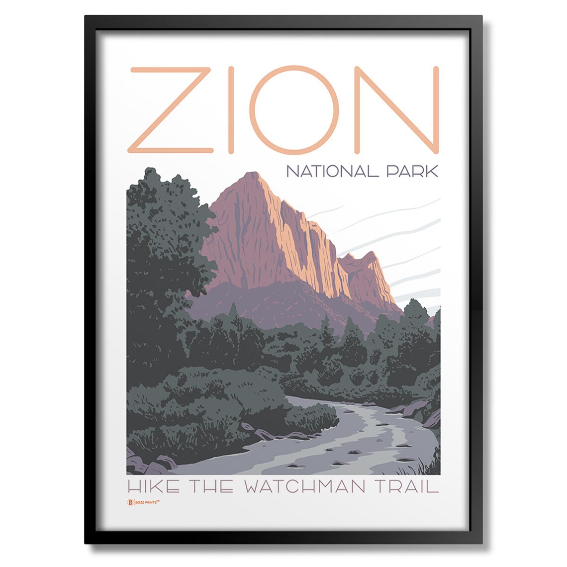 Zion National Park Watchman Trail Hiking Vintage Style Sunset Poster