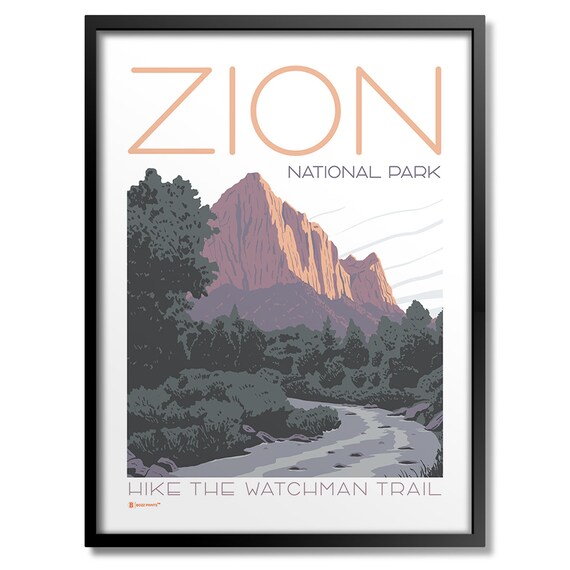 Zion National Park Watchman Trail Hiking Vintage Style Sunset Poster