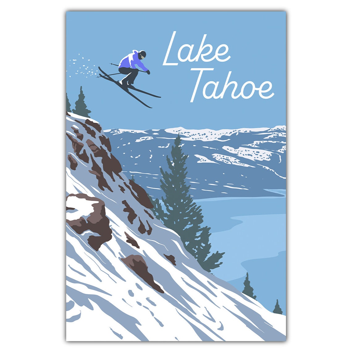 Lake Tahoe Ski Jumper Winter Mountain Vintage Travel Poster Artwork