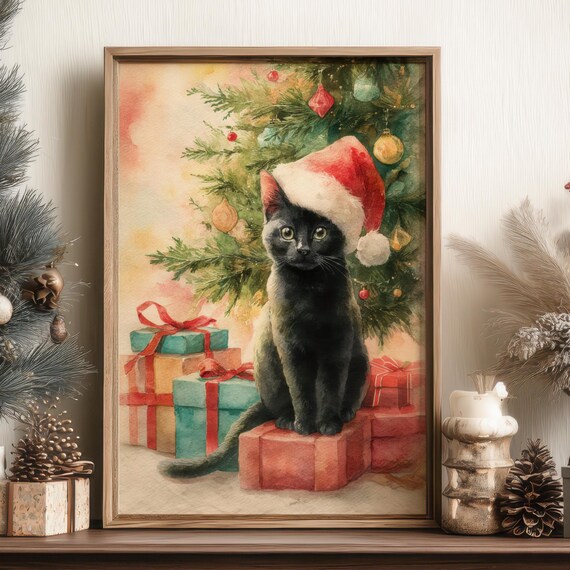 Cute Black Cat in Santa Hat by Christmas Tree with Gifts Poster