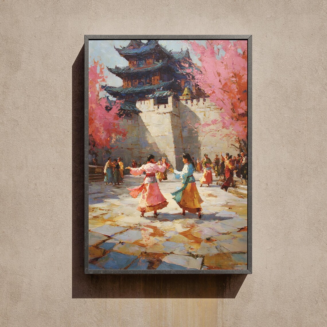 Seoul Korean Palace Cherry Blossom Hanbok Dancers Spring Poster