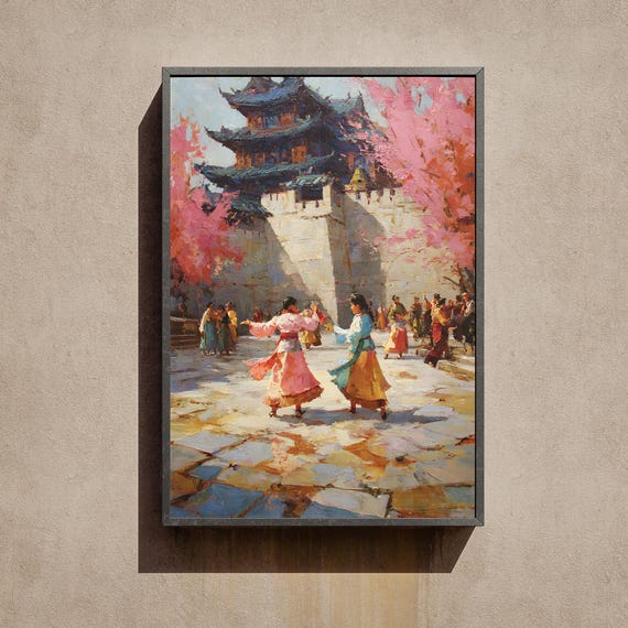Seoul Korean Palace Spring Wall Art Traditional Hanbok Girl Oil Painting Cherry Blossom Print Gyeongbokgung Architecture Decor