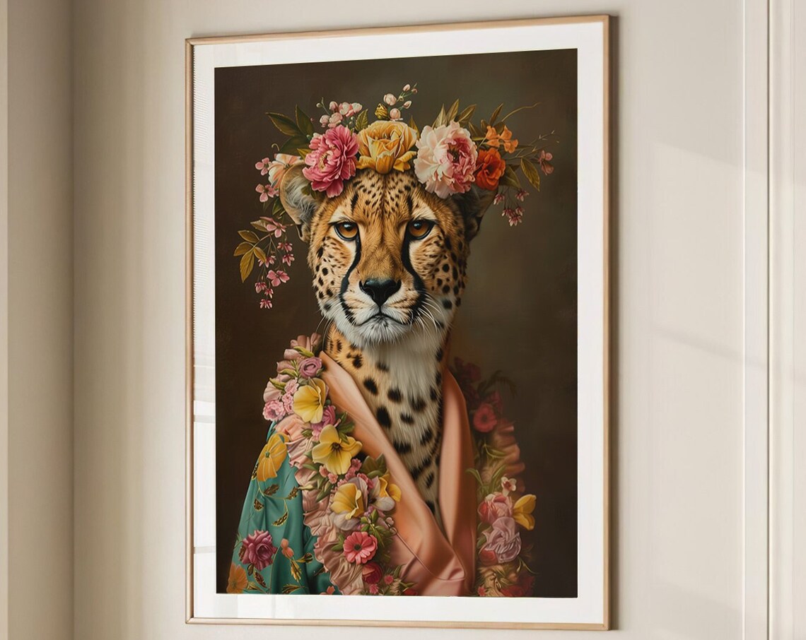 Cheetah Flower Crown Oil Painting Maximalist Animal Wall Art