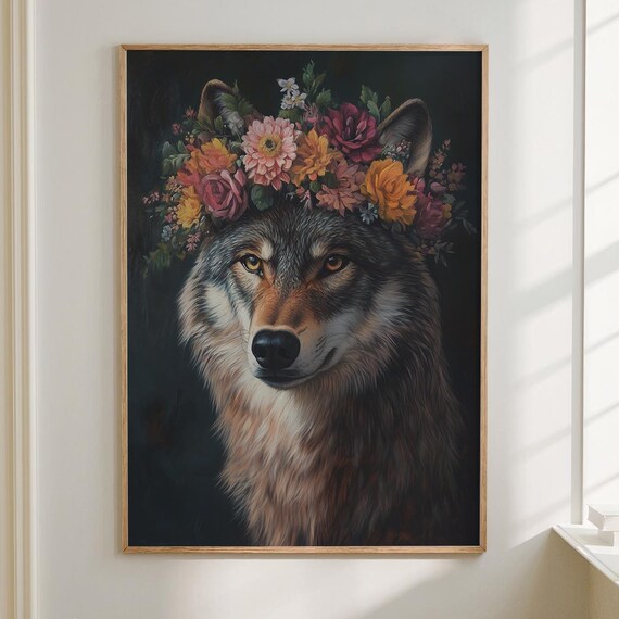 Wolf Wearing Flower Crown on Dark Background Moody Wildlife Portrait Poster