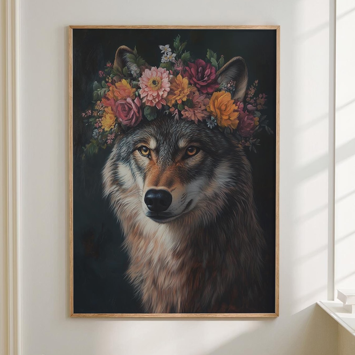Wolf Wearing Flower Crown on Dark Background Moody Wildlife Portrait Poster