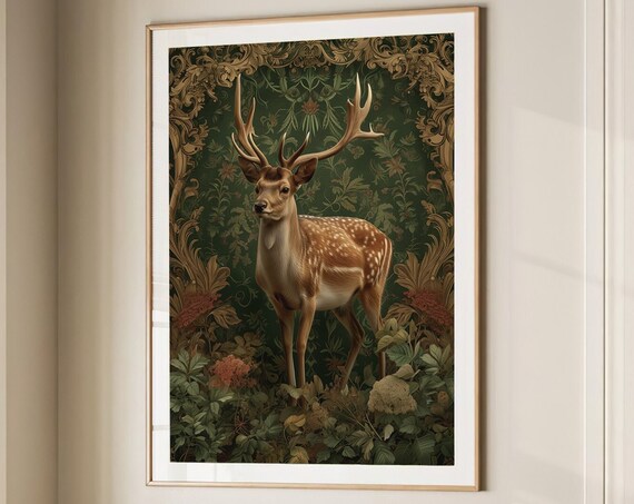 Spotted Fallow Deer Stag Among Flowers Dark Green Damask Poster