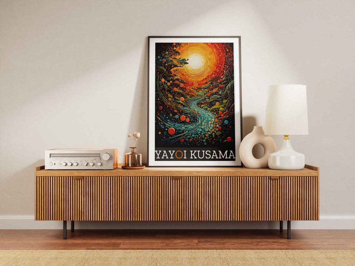 Yayoi Kusama Inspired Blazing Sun Over a Dotted River Poster - Image 5
