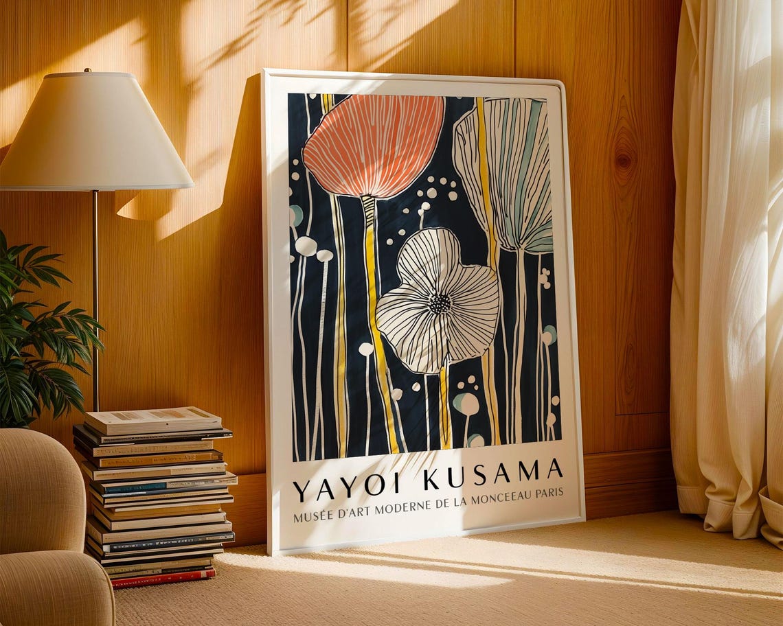 Yayoi Kusama Elegant Line Drawn Tulips on Midnight Blue Poster - Image 3