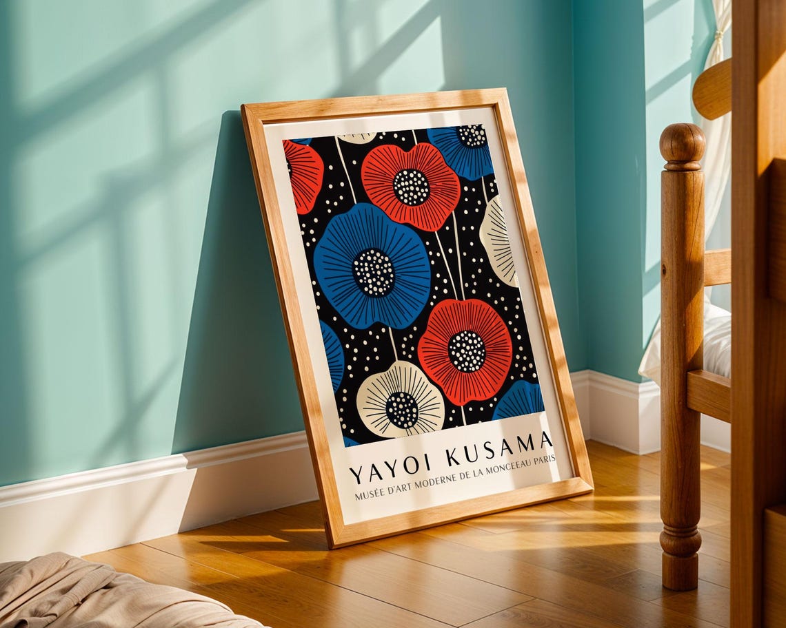Yayoi Kusama Red and Blue Poppy Pattern on Black Museum Poster - Image 5