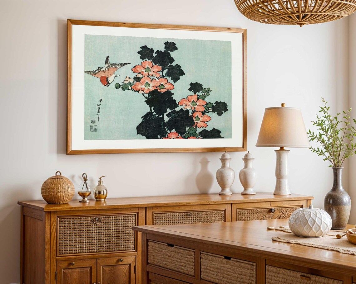 Hibiscus and Sparrow, Hokusai Japanese Ukiyo-E - Image 3
