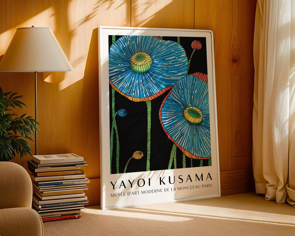 Yayoi Kusama Vivid Blue Poppy Flowers on Black Museum Poster - Image 3