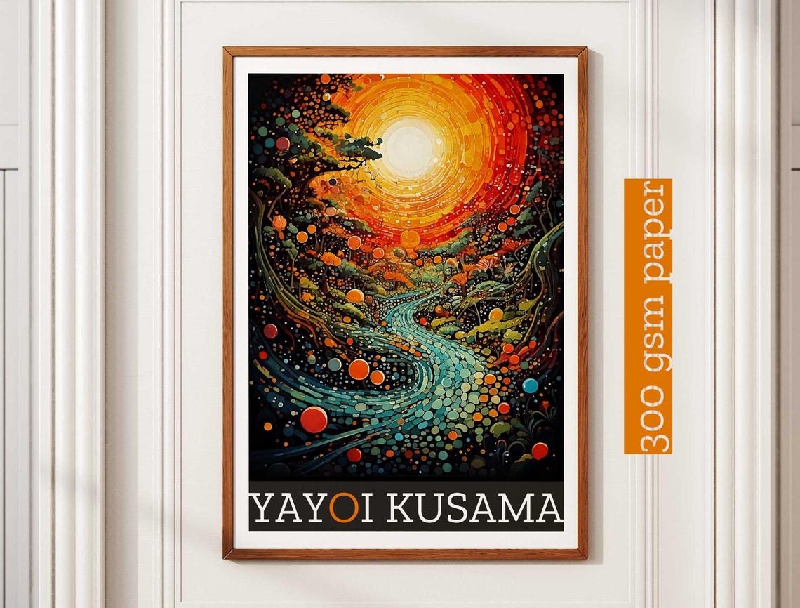 Yayoi Kusama Inspired Blazing Sun Over a Dotted River Poster