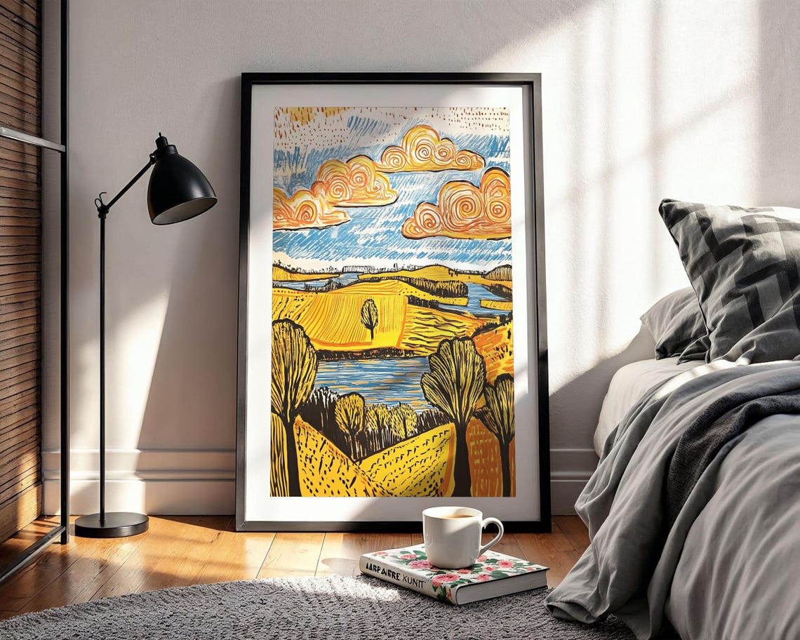 Golden Wheat Fields Blue River Swirling Clouds Landscape Poster - Image 2