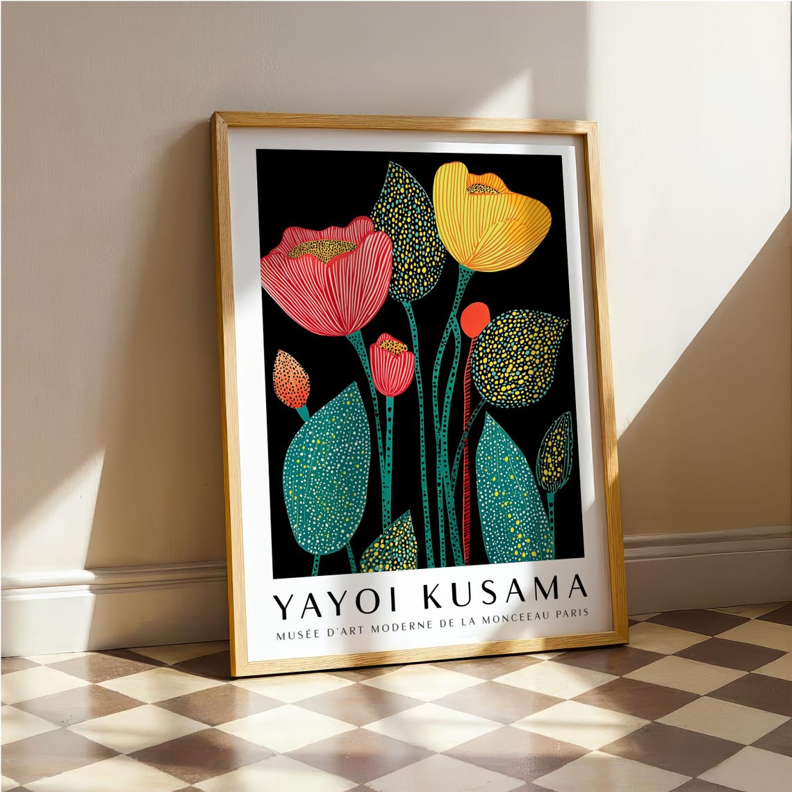 Yayoi Kusama Stylized Poppy Flowers on Black Dotted Museum Poster