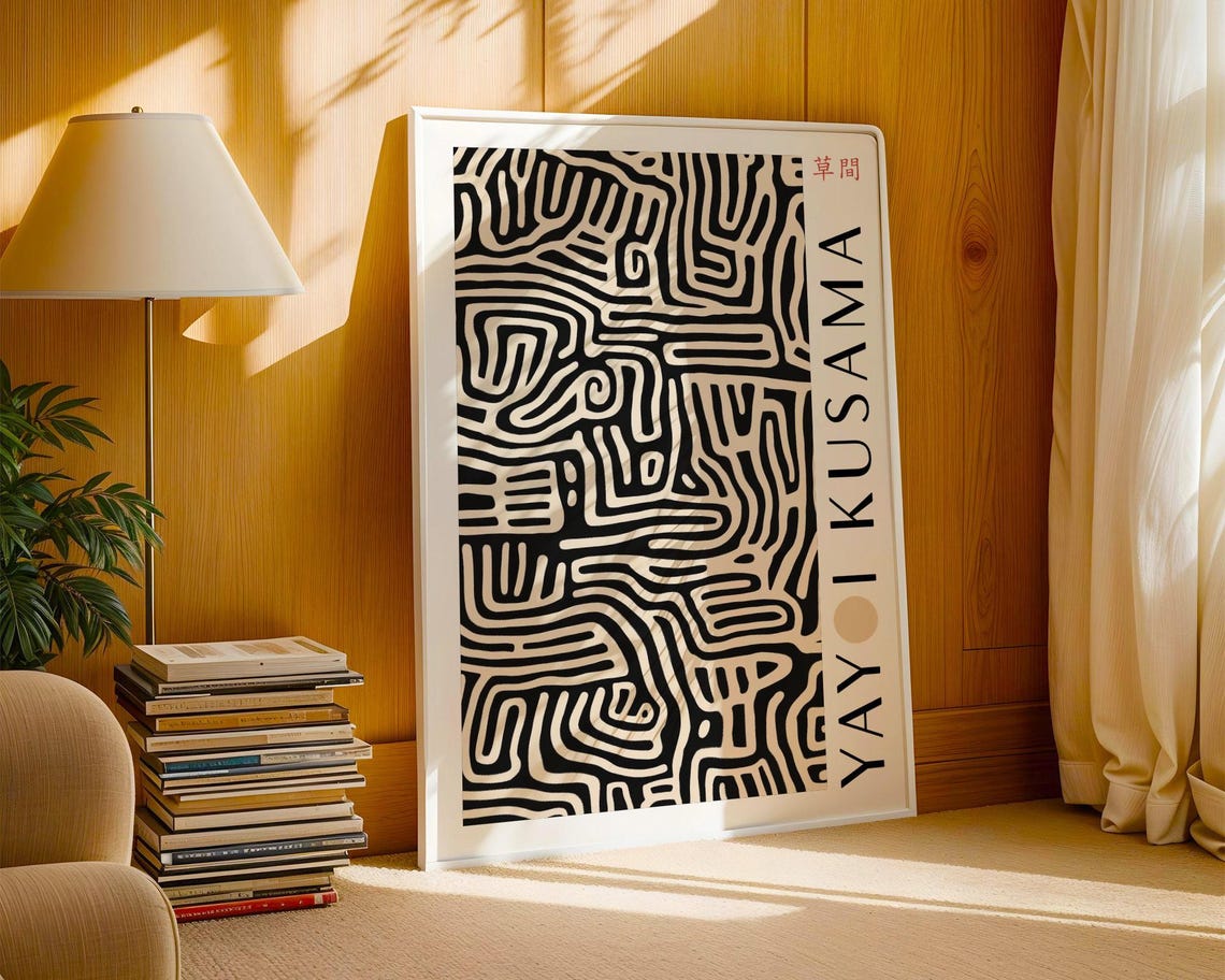 Black And Cream Intricate Maze Line Pattern Abstract Kusama Poster - Image 3