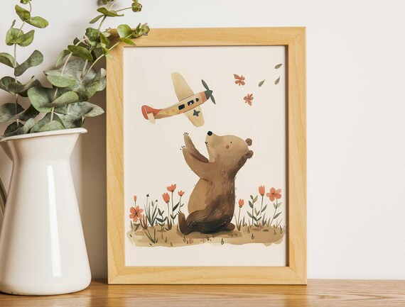 Playful Happy Brown Bear Reaching For Toy Airplane Nursery Poster