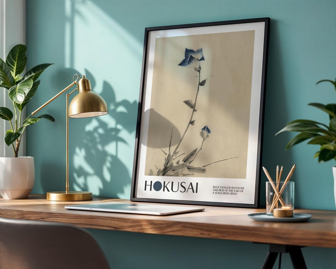 Katsushika Hokusai Blue Flower Blossom Bud, Vintage - Image 2