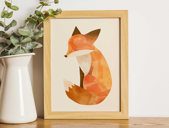 Sleeping Orange Fox Watercolor Cute Baby Nursery Animal Poster