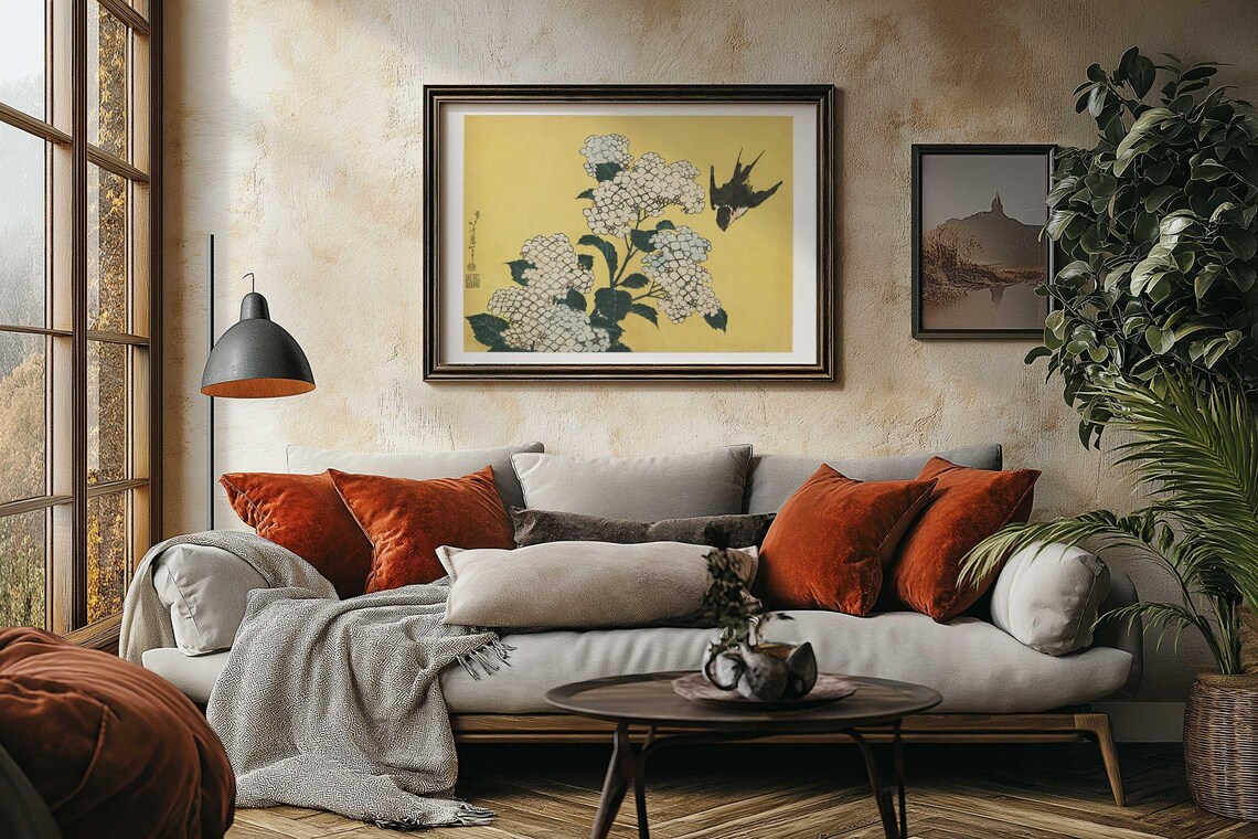 Katsushika Hokusai Print, Hydrangeas and Swallow - Image 2