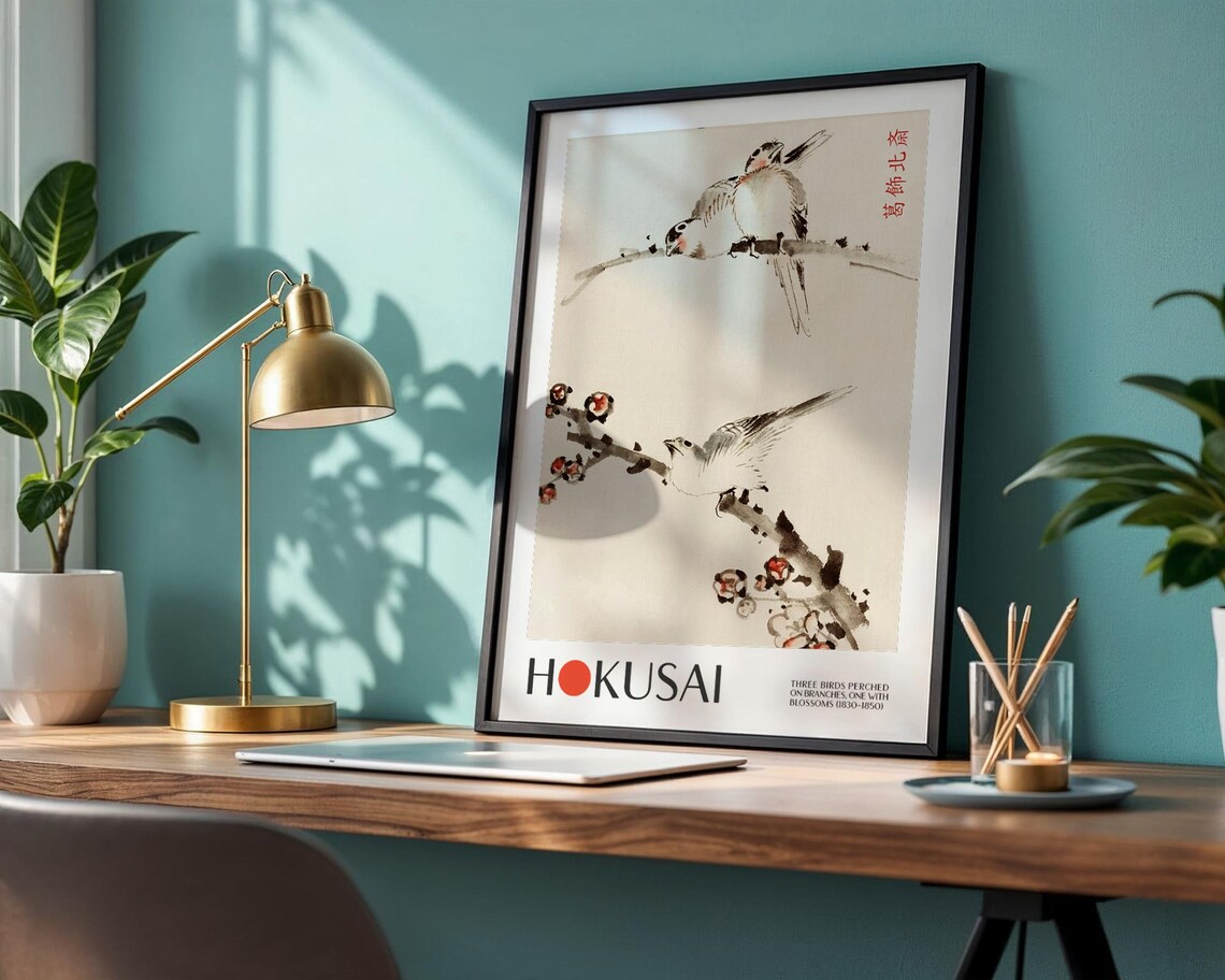 Katsushika Hokusai Three Birds Perched On Branches Art Print - Image 2