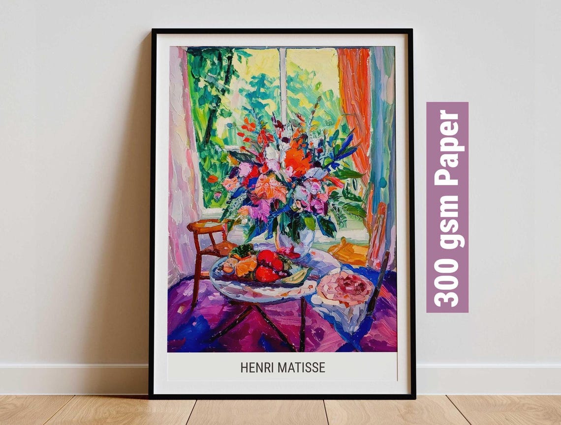 Matisse Style Flower Bouquet and Fruit by Garden Window Poster