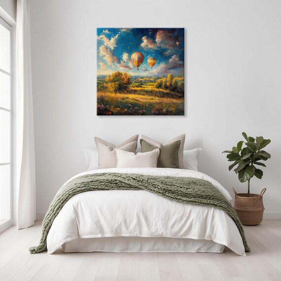 Colorful Hot Air Balloons Over Golden Countryside Meadow Poster