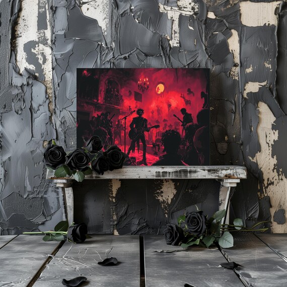 Zombie Rock Band Performing on a Red Lit Stage Spooky Concert Wall Art