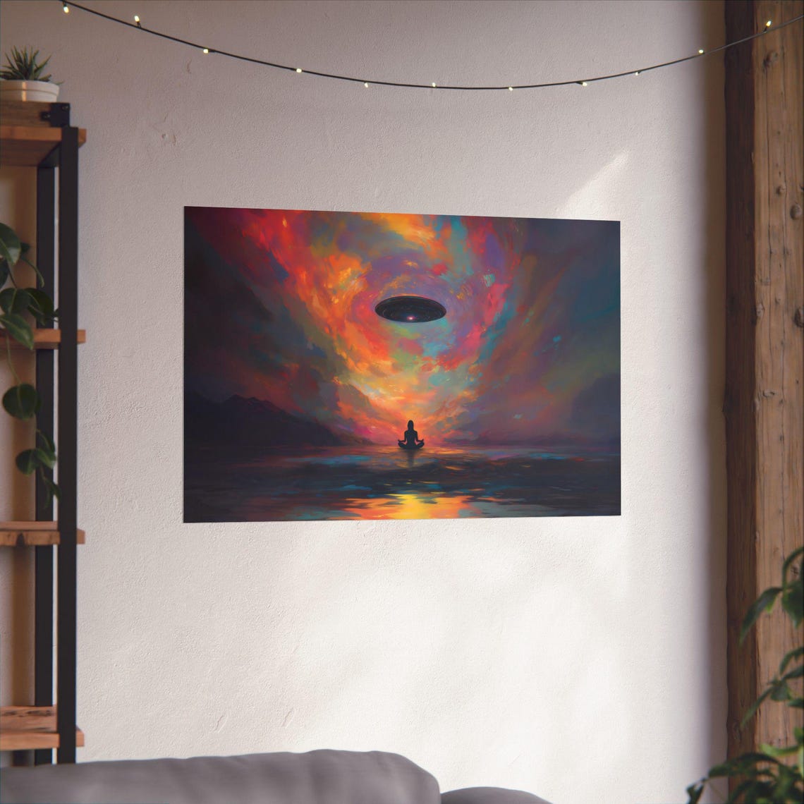 Cosmic Meditation Figure Beneath Glowing UFO in Nebula Poster - Image 2