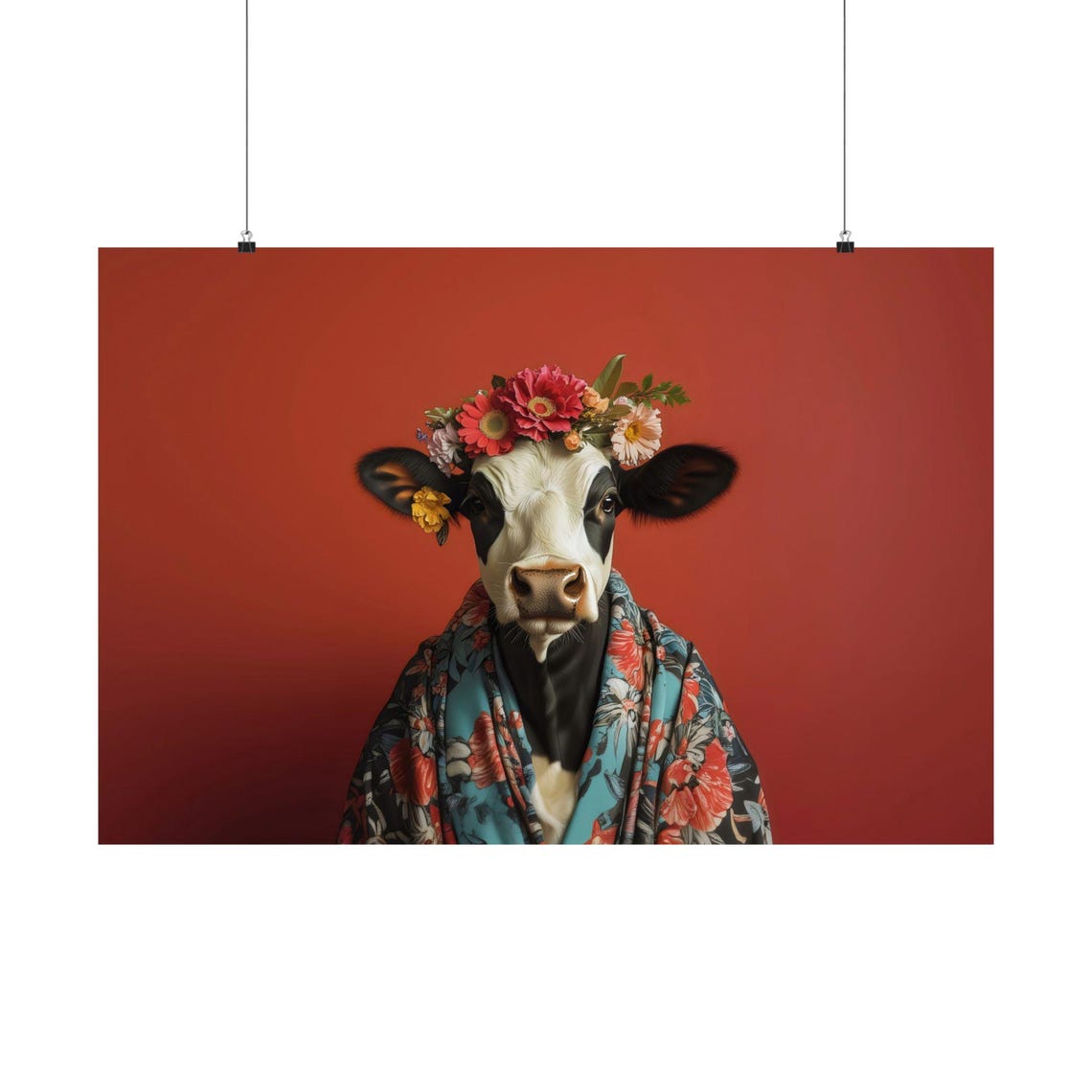 Holstein Cow Flower Crown Teal Kimono Red Background Animal Poster - Image 3