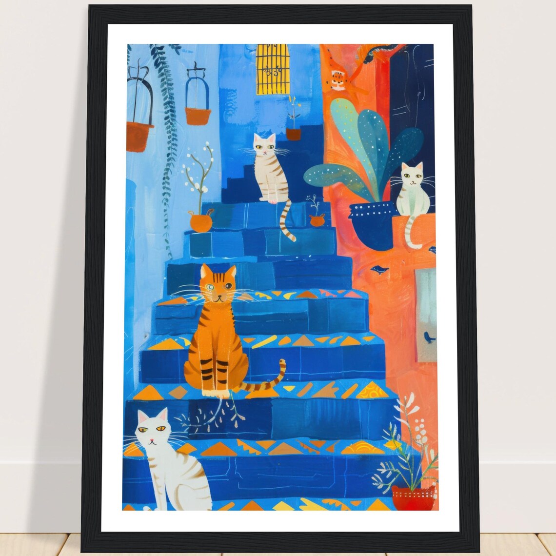 Cats on Blue Stairs Moroccan Alley Four Cats Illustration Poster - Image 2