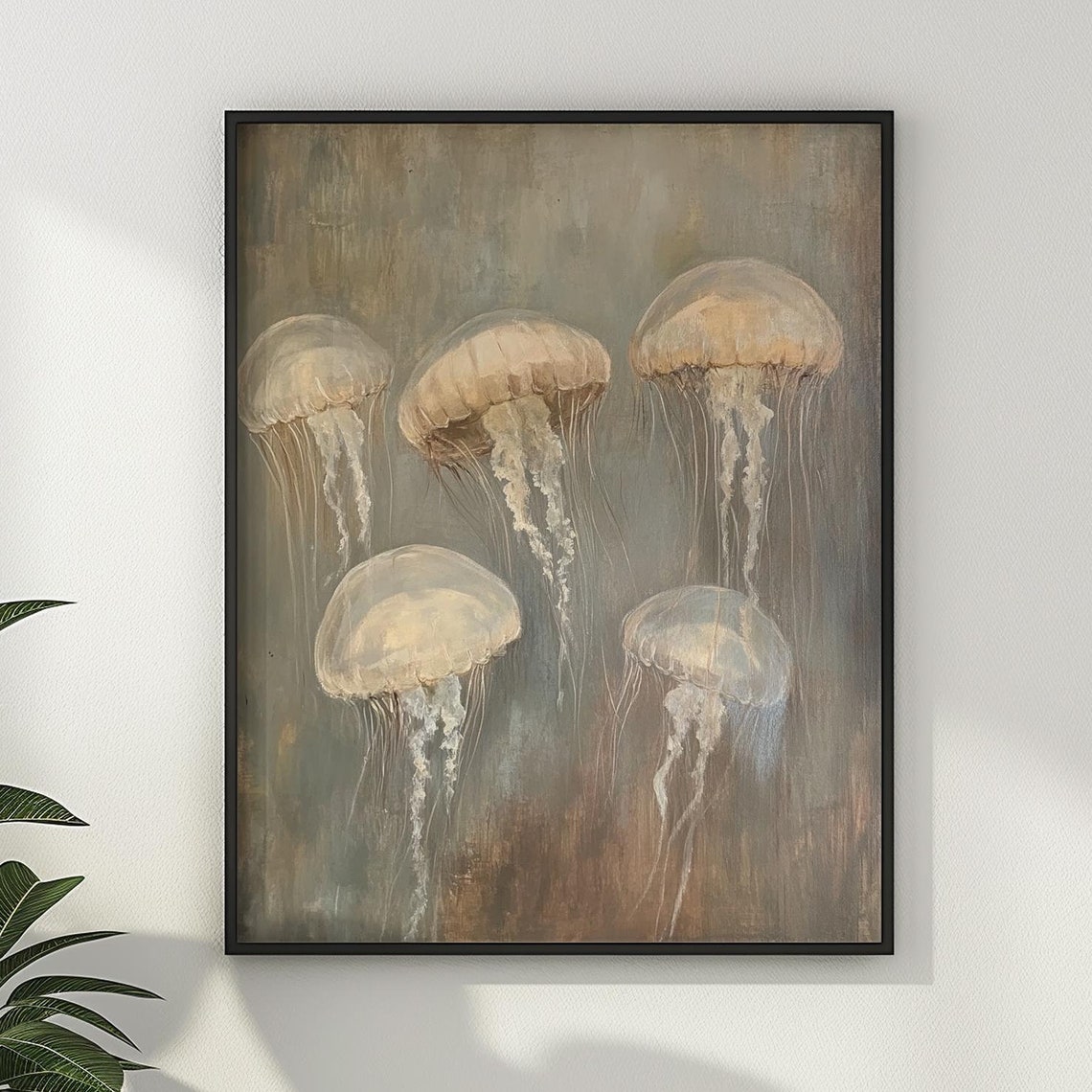 Moody Vintage Jellyfish Group Muted Neutral Ocean Oil Painting Poster