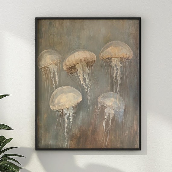 Moody Jellyfish Wall Art Vintage Oil Painting Ocean Animal Neutral Bedroom Wall Decor Jellyfish Lover Gift Idea