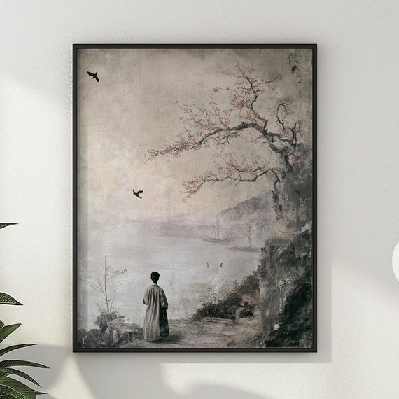Vintage Japandi Wall Art Japanese Korean Asian Chinese Artwork Sakura Cherry Blossom Wall Decor Gift Idea