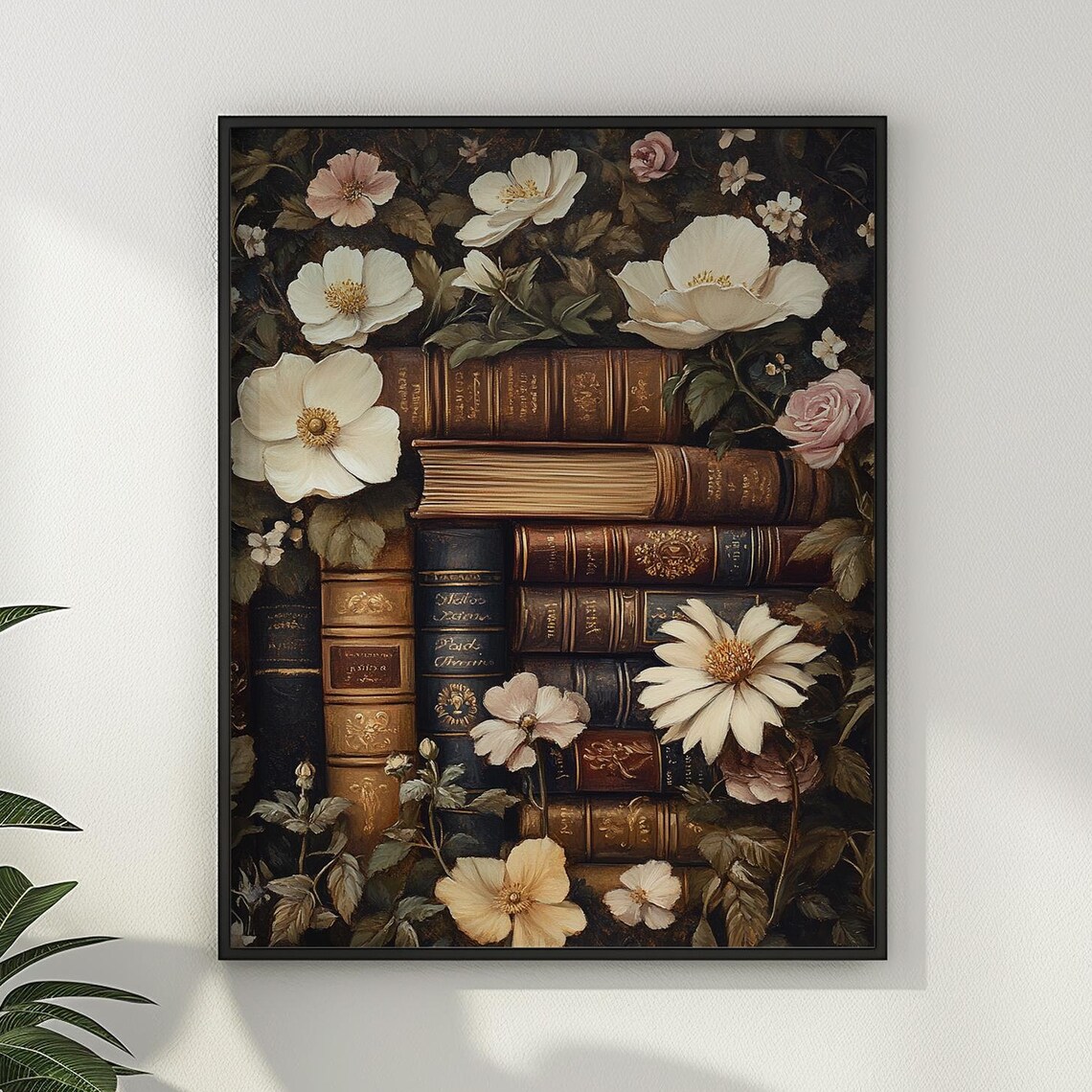Dark Academia Old Books White Wild Roses Vintage Floral Poster