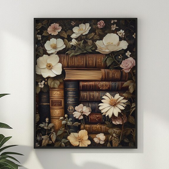 Dark Academia Old Books White Wild Roses Vintage Floral Poster
