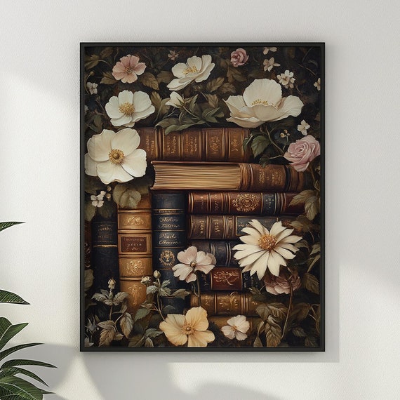 Vintage Books Wall Art Floral Wall Decor Dark Academia Daisy Flower Oil Painting Library Book Lover Gifts