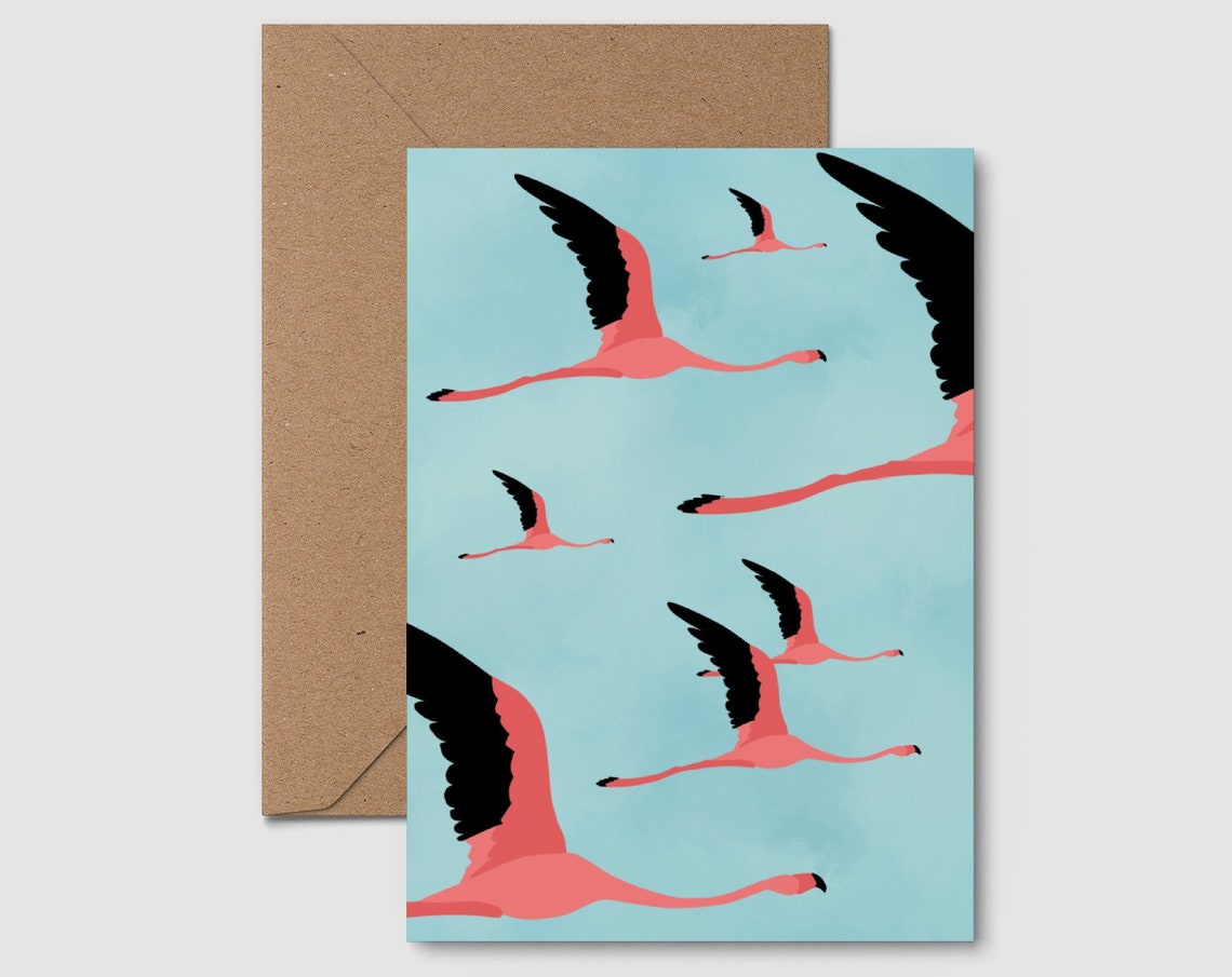 Flying Flamingos Pink Turquoise Illustration Tropical Card Wall Poster